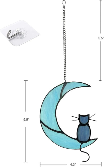 ZUAJITER Black Cat On Blue Moon Stained Glass Cat Hanging Ornament