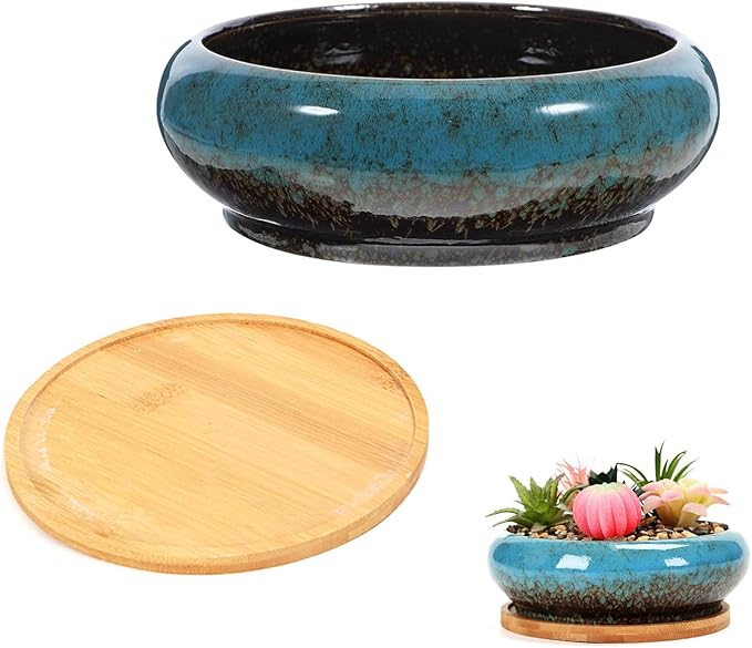 Ceramic Lotus Bowl Planter with Bamboo Stand,Lotus Flower Bowl for Water Plants,Water Lily Pot,Hydroponic Bowl Planter,Garden Decorative Flower Container for Bonsai/Succulents/Cactus(Sapphire Blue)