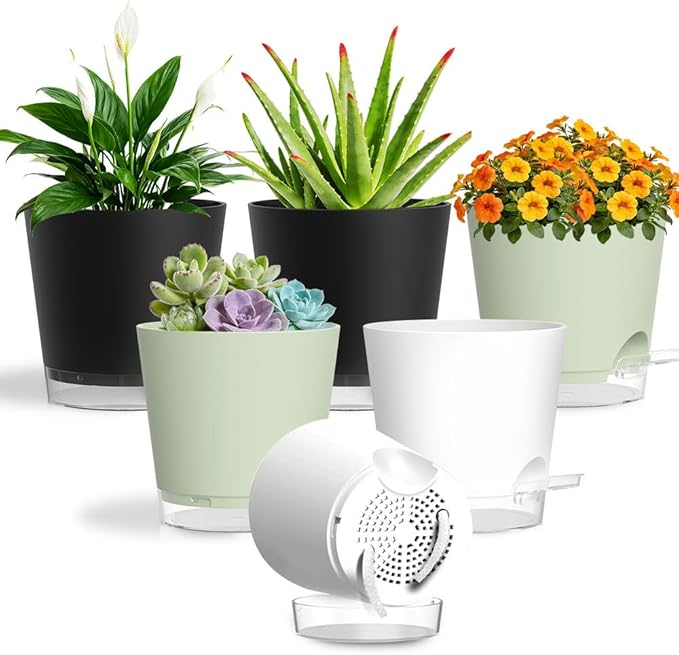 Self Watering Pots for Plants, 2026 New Flower Plant Pots with Drainage Holes, Wicking and Clear Reservoirs for Succulent, Aloe, Cacti and Others - 6 Pack (Colorful, 6")