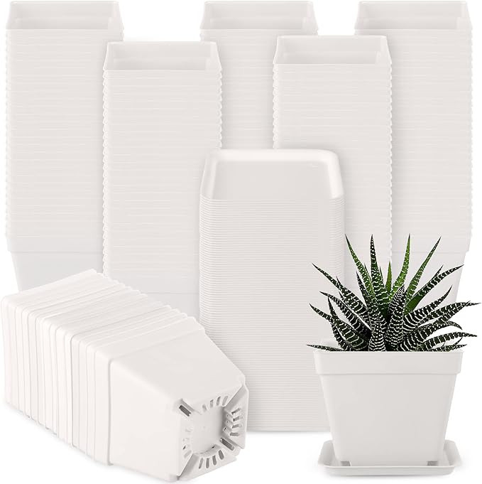 Amyhill 4 Inch Flower Pots Square Plants Nursery Pot Plastic Plant Seedling Pots Nursery Transplanting Planter Container with Saucer for Indoor Herbs Succulent Balcony Garden(White,100 Pcs)