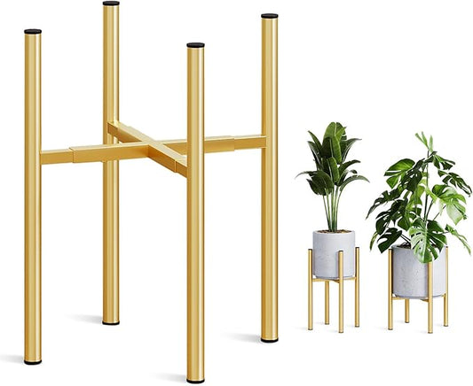 Adjustable Metal Plant Stand Indoor, Mid Century Modern Outdoor Planter Holder for 8 to 14 Inch Pots, Heavy Duty 160 LB Load, Corner Floor Stand for Home Garden Decor Golden