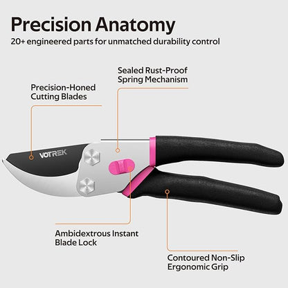 VOTREK® Pruning Shears, 8.5” Professional Garden Pruner with Jam-Proof Spring & Ever-Sharp SK5 Blade, Ergonomic Bypass Clippers for Rose, Tree, Heavy Duty Bonsai Scissor for Weak Hand