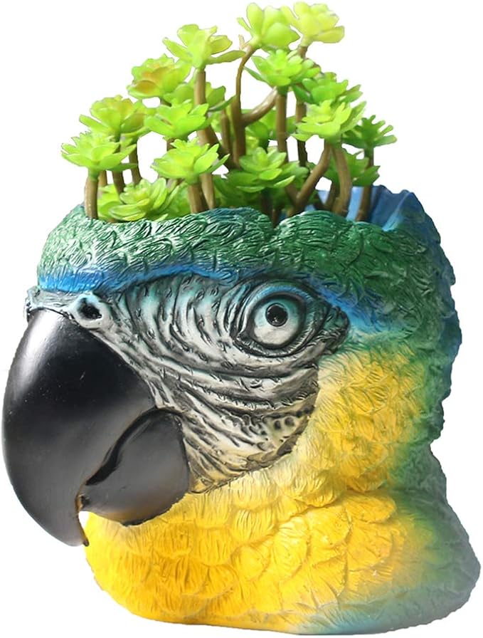 Funny Planter Head Planter with Drainage Hole Resin Plant Pot Pencil Holder Desk Storage(Parrot)