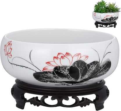 Veemoon Ceramic Lotus Planter Round Chinese Hydroponic Flower Pot Classic Water Lily Pot with Stand - Ink Style Lotus Pattern - Vintage Planter Container for Table Centerpiece Indoor Outdoor (6.68" W)