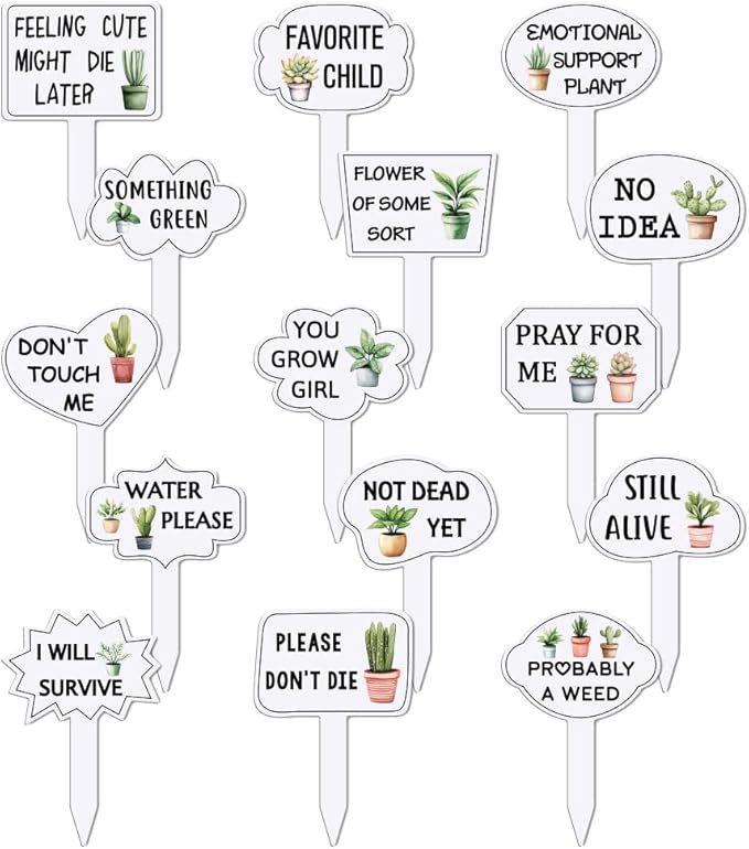 arricraft 15 Pcs Funny Phrases Plant Labels, 15 Styles Acrylic Succulent Cactus Pattern Potted Plant Markers for Indoor Outdoor Seed Patio Supplies 10.2x6.8cm(4x2.68inch)