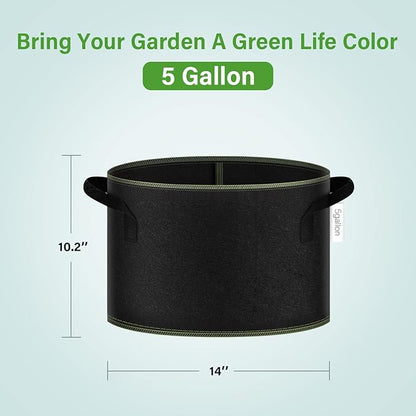 iPower 5-Gallon 10-PCS Thickened Grow Bag Nonwoven Fabric Pots with Handles Heavy Duty Aeration Container for Garden and Planting Vegetable Flowers, Black with Green Stitch Sewing