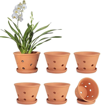 vensovo 4 Inch Terracotta Orchid Pots with Holes and Saucers - 6 Pcs Small Clay Planters for Repotting, Terra Cotta Pot for Plants Indoor and Outdoor Promotes Air Circulation