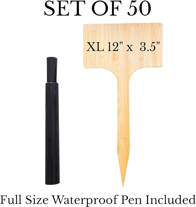 50-Pack 12" Extra-Tall Bamboo Garden Markers – Large Plant Labels for Herbs, Flowers and Vegetables – Easy-Read Full-Size Tags – Great Gift for Gardeners