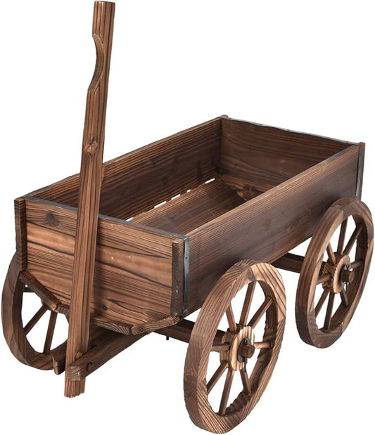 Giantex Wood Wagon Flower Planter Pot Stand W/Wheels Home Garden Outdoor Decor