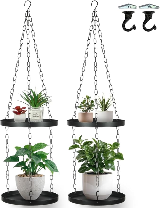 Shinehola 2 Pack Hanging Planters for Indoor Outdoor Plants 9", Plant Hanger Indoor | Metal Hanging Plant Holder, 2-Tier Hanging Plant Shelf, Hanging Basket, No Plant/Pot Included (2 Packs)