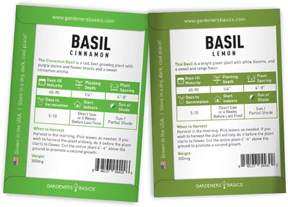 Gardeners Basics, Basil Seeds for Planting Home Garden Herbs - 5 Variety Herb Pack Thai, Lemon, Cinnamon, Sweet and Dark Opal Basil Seeds Herb Seeds for Indoors, Outdoors, Hydroponics & Aquaponic