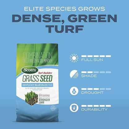 Scotts Turf Builder Grass Seed Kentucky Bluegrass Mix with Fertilizer and Soil Improver, Grows Dense, Green Turf, 5.6 lbs.