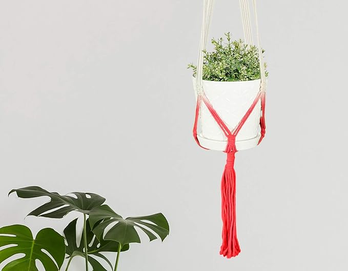 LIVALAYA Macrame Plant Hangers Wall Planter - Red Ombre 48 Inch, for Indoor or Outdoor, 100% Cotton Rope Hanging Plant Holder with Tassel for Flower Pots and Succulents - Modern Boho Home Décor
