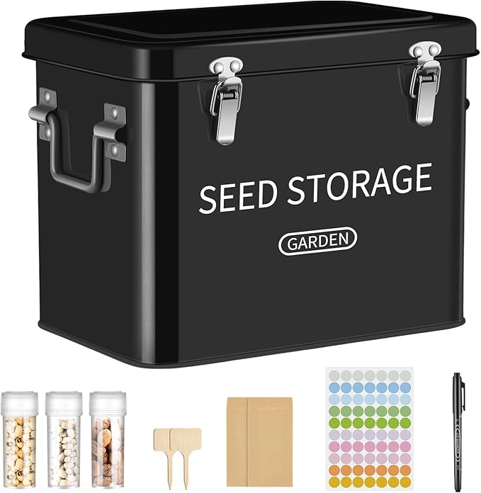 Blulu 85 Pcs Seed Storage Organizer 3 Compartment 30 Slot Metal Seed Saving Box with Lid and Lock with 1 Marker Pen, 20 Plant Labels, 30 Envelopes, 30 Bottles, Stickers for Garden Flower Plant(Black)