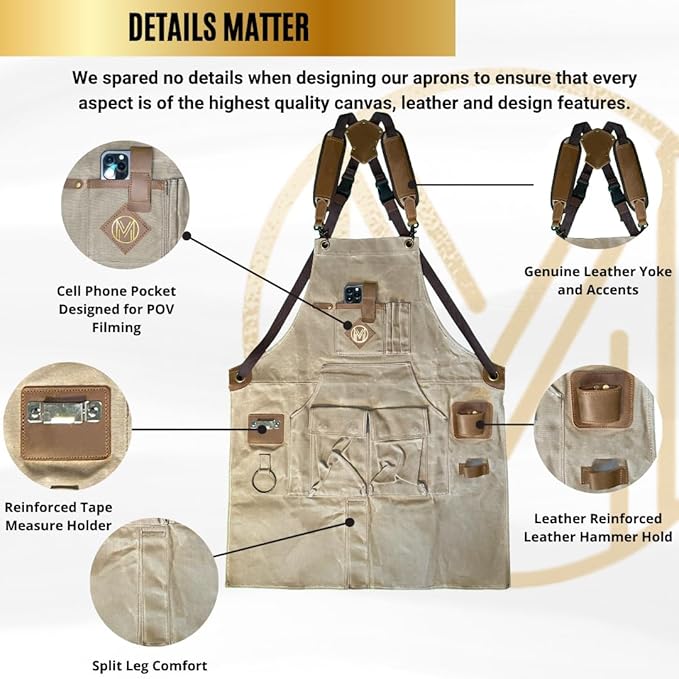 Mt Diablo 16oz - Woodworking Apron - Work Apron with Duck Weave Paraffin Waxed Canvas, Genuine Leather - Fits XS-XL