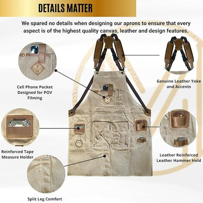 Mt Diablo 16oz - Woodworking Apron - Work Apron with Duck Weave Paraffin Waxed Canvas, Genuine Leather - Fits XS-XL