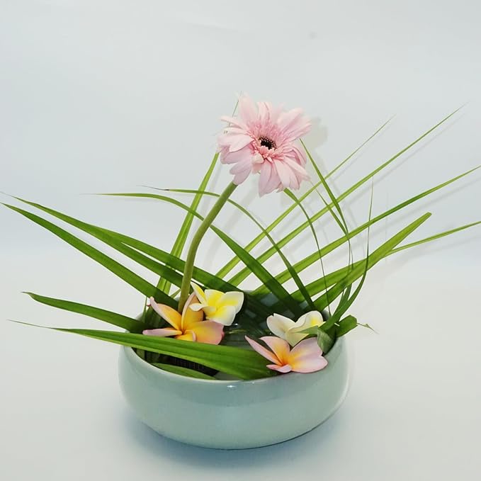 Water Lotus Bowl Planter Kit - Japanese Compote Bowl Ikebana Vase Set w/ 1.8" Floral Frog- Ideal for Ikebana, Flower Arrangement & Hydroponic Planting (Ice Crackle Celadon)