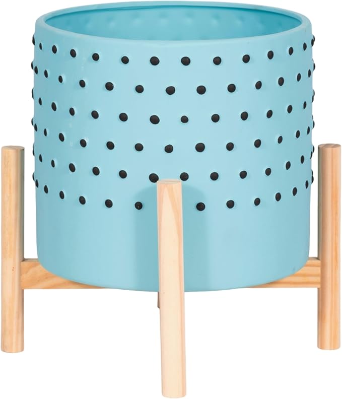 Sagebrook Home Stylish Ceramic Planter with Stand - Modern Stoneware Indoor/Outdoor Plant Pot - Decorative Garden Accent for Home & Patio - 11" Blue