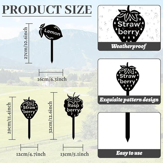 WADORN 3Pcs Fruit Party Metal Decorative Garden Stakes, Strawberry Lemon Raspberry Plant Label Signs Rust Weather Resistant Stakes Silhouette Ornaments for Yard Art Garden Patio Backyard Lawn Decors