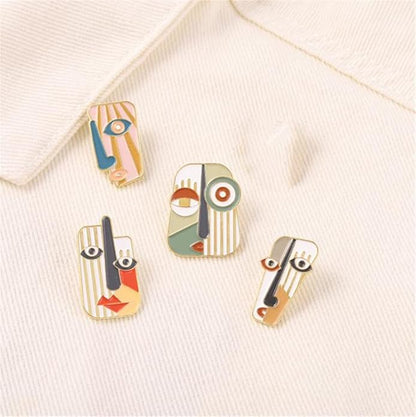 4Pcs Art Mask Enamel Pin Brooch Individual Metal Badge Lapel Pin Abstract Face Mask Pin Set Collar Pin Fashion Jewelry Clothes Bag Accessories