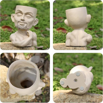 Unique Plant Pots Face Planters, Funny Plant Pots Head Planter, Men Face Planters Pots Head, Beefcake Face Vase with Drainage Hole (Khaki)
