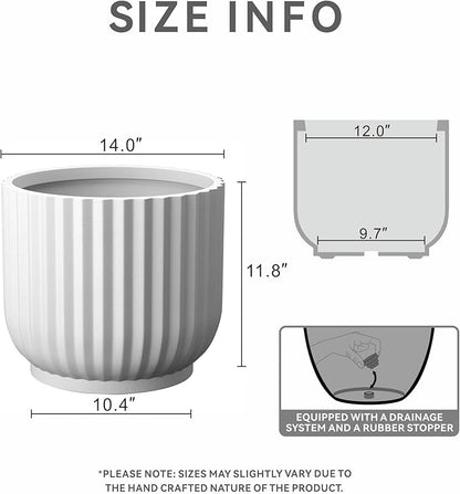 Kante Round Fulted Planter, 11 Inch Dia Large Concrete Plant Pots with Drainage Hole and Rubber Plug, Modern Decor for Indoor Outdoor Plants, Flower, White