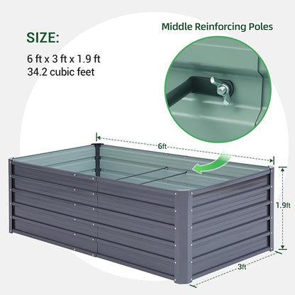 Ohuhu 6x3x1.9FT Metal Raised Garden Bed Outdoor, Reinforced Galvanized Steel Rustproof Planter Box, 100% Non-Toxic, 256 Gal Large Capacity Heavy Duty Raised Beds for Growing Vegetables Flowers Herbs