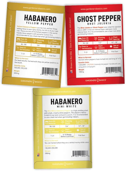 Gardeners Basics, Hot Pepper Seeds for Planting Ghost Habanero - 5 Varieties Pack Ghost Pepper Seeds, Red, Orange, Yellow, White Habanero Seeds for Planting in Garden Non GMO, Heirloom Peppers Seeds