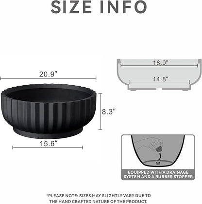 Kante Round Fulted Bowl Planter, 20.9 Inch Dia Large Concrete Flower Pots with Drainage Hole and Rubber Plug, Suitable for for Indoor Outdoor Plants, Home, Patio, Garden, Black