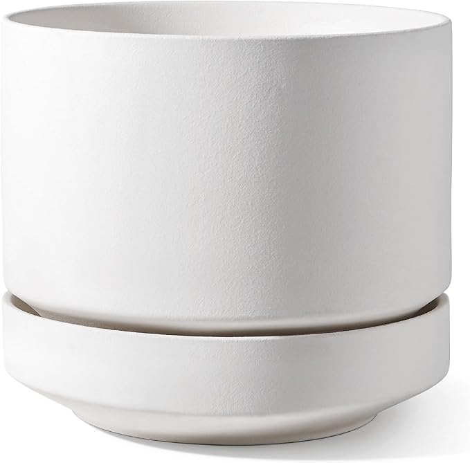 LE TAUCI Large 14 Inch Plant Pot with Saucer | Ceramic Outdoor & Indoor Big Planter Pot | Drainage Hole, Mesh Pad & Plug | Unglazed Porous | Modern Minimalist for Home and Patio – Chalk White