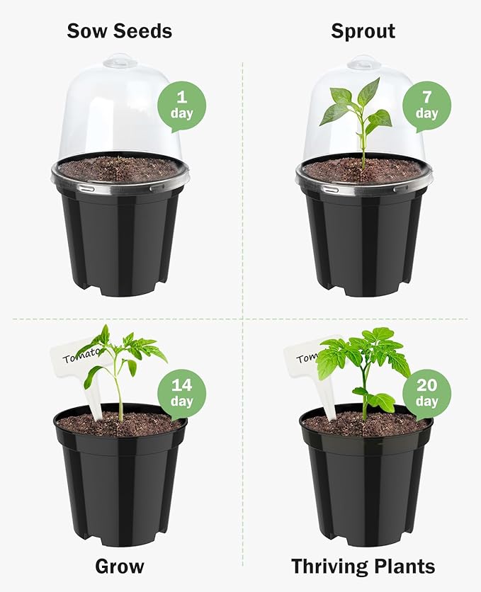homenote Nursery Pots for Plants,4 Inch Plant Pot for Planting with Humidity Domes Plastic Seedling with Drainage Holes Seed Starter Flower with 10 Labels Black (30 Pack)
