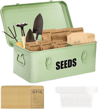 Seed Storage Organizer Box with 4 Compartments, Large Metal Seed Packet Container with Lid & Safety Locks, Garden Seed Bin for Saving Seeds with 50 Plant Labels, 20 Envelopes