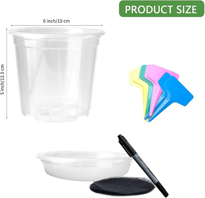 Transparent Plant Pot with Drainage Holes, Flower/Seed Starter Pots,Clear Plastic Nursery Pots for Plants with Plant Labels+Saucers+Mesh Pads+Marker (6 inch * 15)