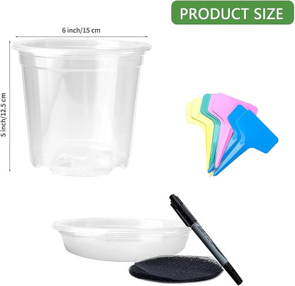 Transparent Plant Pot with Drainage Holes, Flower/Seed Starter Pots,Clear Plastic Nursery Pots for Plants with Plant Labels+Saucers+Mesh Pads+Marker (6 inch * 15)