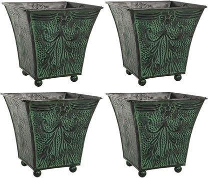 Hosley Set of 4 Green Patina Embossed Metal Planters with Ornate Floral Design, 5.25" L x 5.25" W x 5" H – Ideal for Floral Arrangements, Home Décor, Garden Accents, Rustic Weddings.
