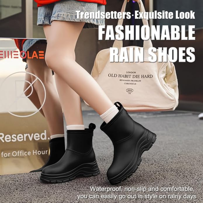Women's Waterproof Chelsea Ankle Rain Boots, Slip-On Style, Outdoor Weather Protection