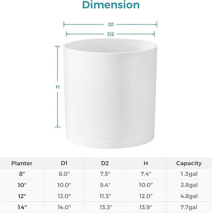 FaithLand 14-Inch Large Modern Cylinder Planter, Thick-Walled Plastic Plant Pot with Drainage Holes and Detachable Saucer, Matte White, Ideal for Indoor & Outdoor Plants Flowers