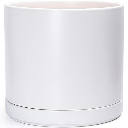 D'vine Dev 16 Inch Ceramic Planter Pot with Drainage Hole and Saucer, Indoor Cylinder Round Planter Pot, White, 94-O-H-1