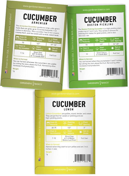 Gardeners Basics, Cucumber Seeds for Planting Outdoors 5 Variety Pack Armenian, Boston Pickling, Lemon, Spacemaster, Straight Eight Veggie Seeds