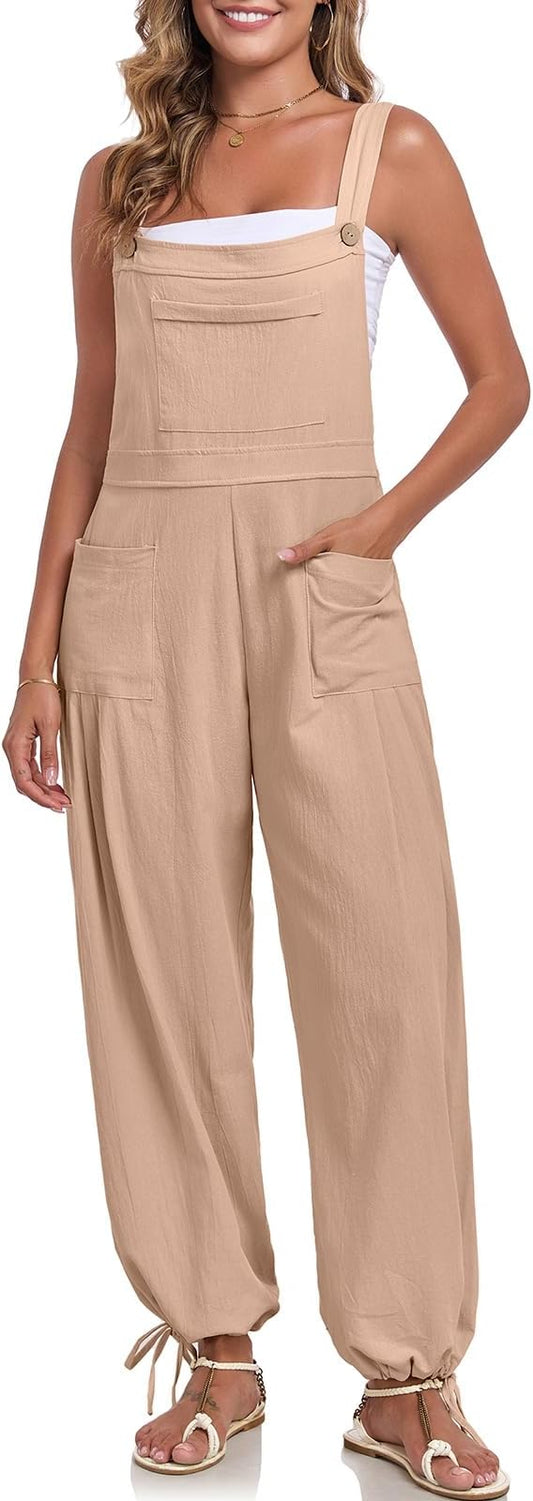 ALSOGO Womens Wide Leg Overalls Loose Beach Vacation Outfits Jumpsuits 2025 Causal Sleeveless Rompers with Pockets