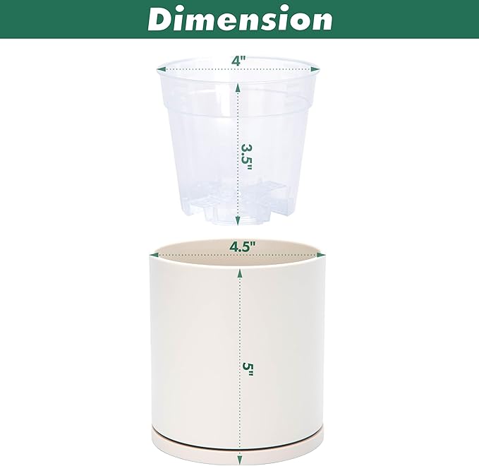 D'vine Dev Double-Layer Planter Set – Rotating Plastic Cachepot with Clear Inner Liner for Root Health, Perfect for Indoor Plants, 4.5", Oatmeal, 73-U-D-1