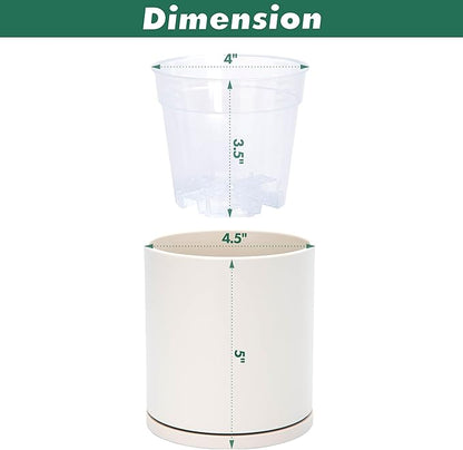 D'vine Dev Double-Layer Planter Set – Rotating Plastic Cachepot with Clear Inner Liner for Root Health, Perfect for Indoor Plants, 4.5", Oatmeal, 73-U-D-1