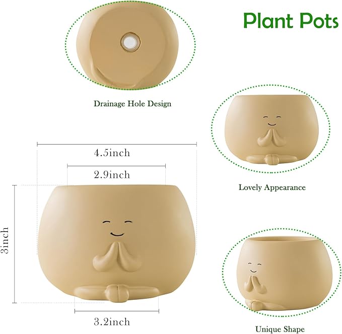 Face Plant Pots, Succulent Pots, 4.5 Inch Head Planters for Indoor, Cute Resin Flower Pots with Drainage Hole, Unique Cactus Planter, Small Planter Pot for Mini Plant (1 Pack)