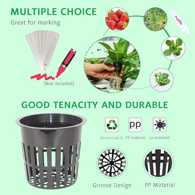 30 Pack 4 Inch Net Pots, Lightweight Slotted Mesh Net Cups for Hydroponics, Economy Hydroponic Pots for Indoor Outdoor Growing, Includes 30 Plant Labels