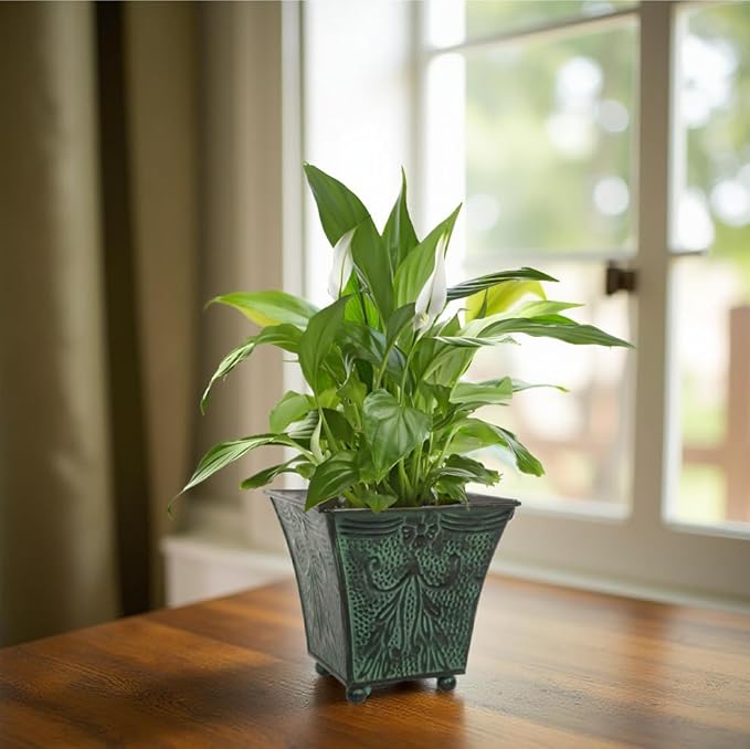 Hosley Set of 4 Green Patina Embossed Metal Planters with Ornate Floral Design, 5.25" L x 5.25" W x 5" H – Ideal for Floral Arrangements, Home Décor, Garden Accents, Rustic Weddings.