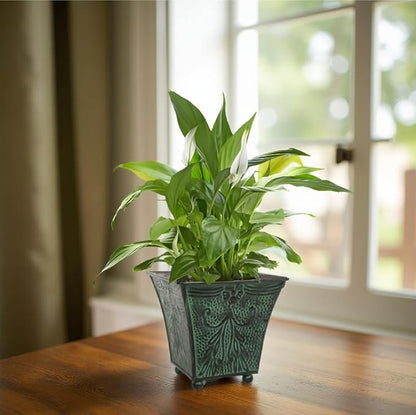 Hosley Set of 4 Green Patina Embossed Metal Planters with Ornate Floral Design, 5.25" L x 5.25" W x 5" H – Ideal for Floral Arrangements, Home Décor, Garden Accents, Rustic Weddings.