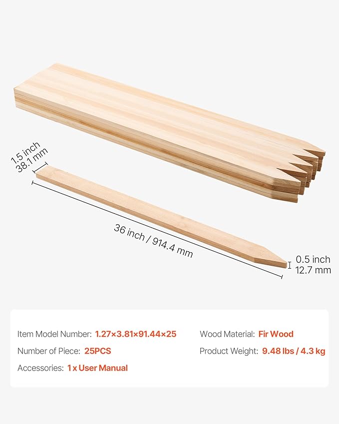 VEVOR Wooden Garden Stakes, 25 Pcs 36 x 0.5 x1.5 in Survey Grading Stakes, Garden Ground Stake with Sharp Point, Fir Wood Plant Support Stake, Sign Posts for Silt Fence Backyard Boundaries Baselines