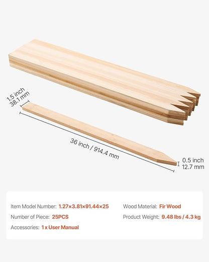 VEVOR Wooden Garden Stakes, 25 Pcs 36 x 0.5 x1.5 in Survey Grading Stakes, Garden Ground Stake with Sharp Point, Fir Wood Plant Support Stake, Sign Posts for Silt Fence Backyard Boundaries Baselines