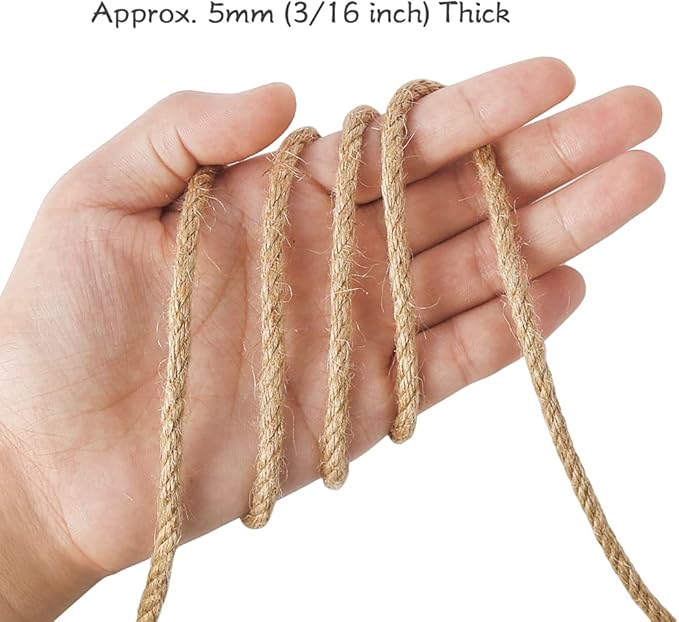 Tenn Well 5mm Jute Rope, 164 Feet 4Ply Twisted Thick Twine Rope for Gardening, Crafting, Recycling, Cat Scratching Post, Farmhouse Decor, Macrame Projects