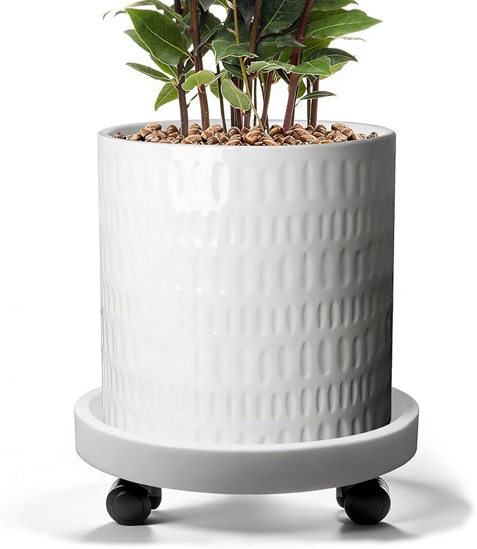 10 Inch Plant Pot with Caddy,Ceramic Planter with Drainage,Large Planters for Indoor Plants,Indoor&Outdoor Plant pots,Ceramic Flower pots,Cylinder Flower Planter Pot(Pure White)